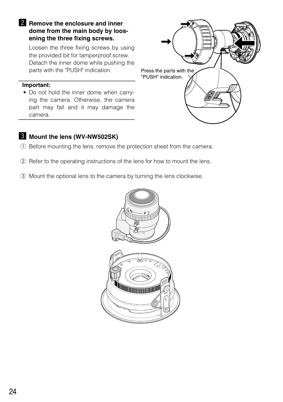 24 x, Mount the lens (wv-nw502sk) | Panasonic WV-NW502SK User Manual | Page 24 / 44