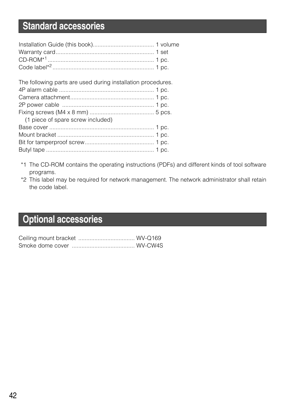 Standard accessories, Optional accessories | Panasonic WV-NW502SK User Manual | Page 42 / 44