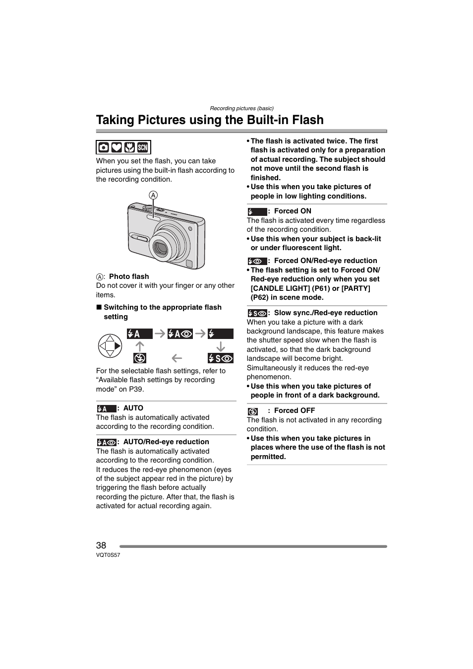 Taking pictures using the built-in flash | Panasonic DMC-FX9PP User Manual | Page 38 / 124