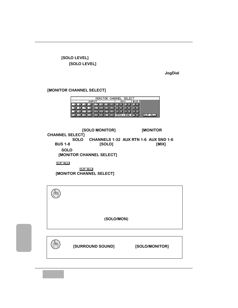 Solo level] area, Monitor channel select] area, Clr all button | Panasonic WR-DA7 User Manual | Page 235 / 369