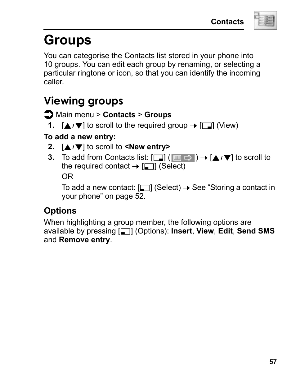 Groups, Viewing groups | Panasonic A210 User Manual | Page 60 / 114
