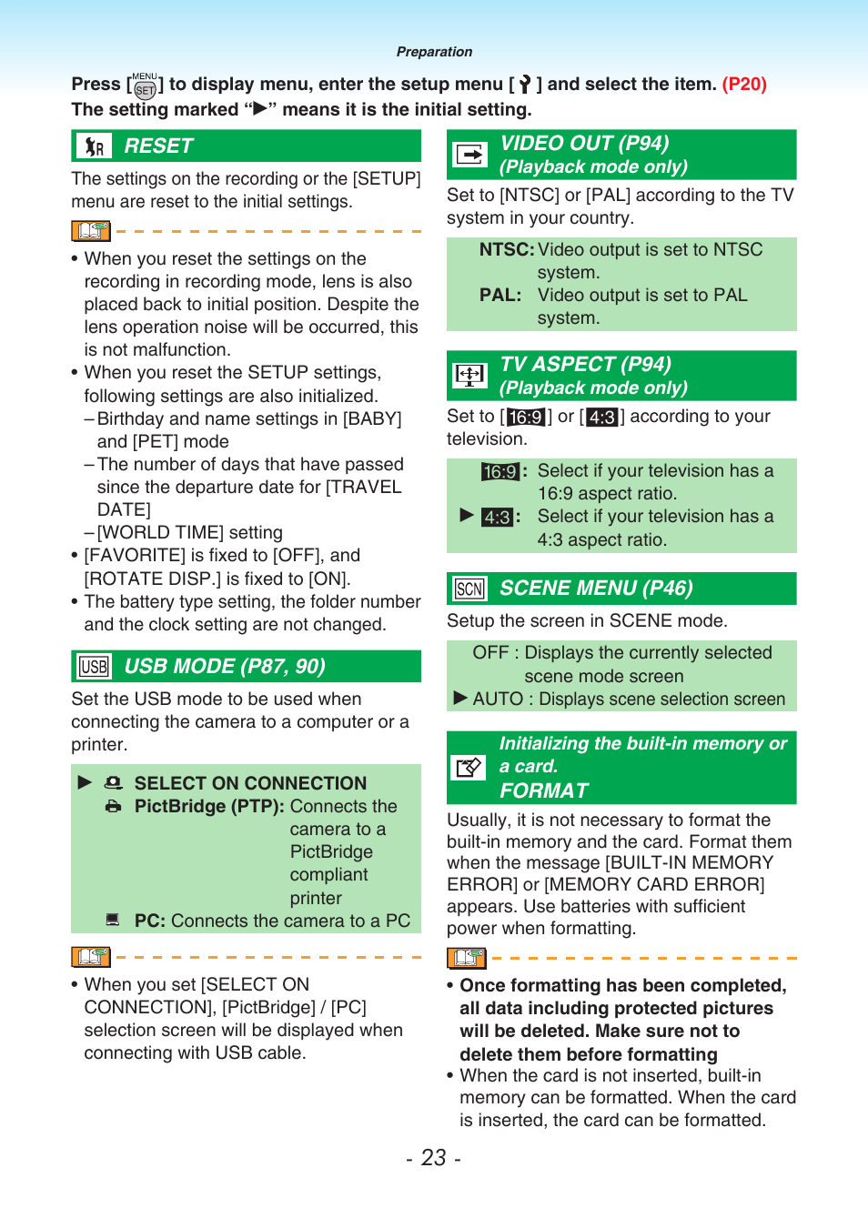 Reset, Usb mode (p87, 90), Video out (p94) | Tv aspect (p94), Scene menu (p46), Format, P23) | Panasonic DMC-LS80 User Manual | Page 23 / 113