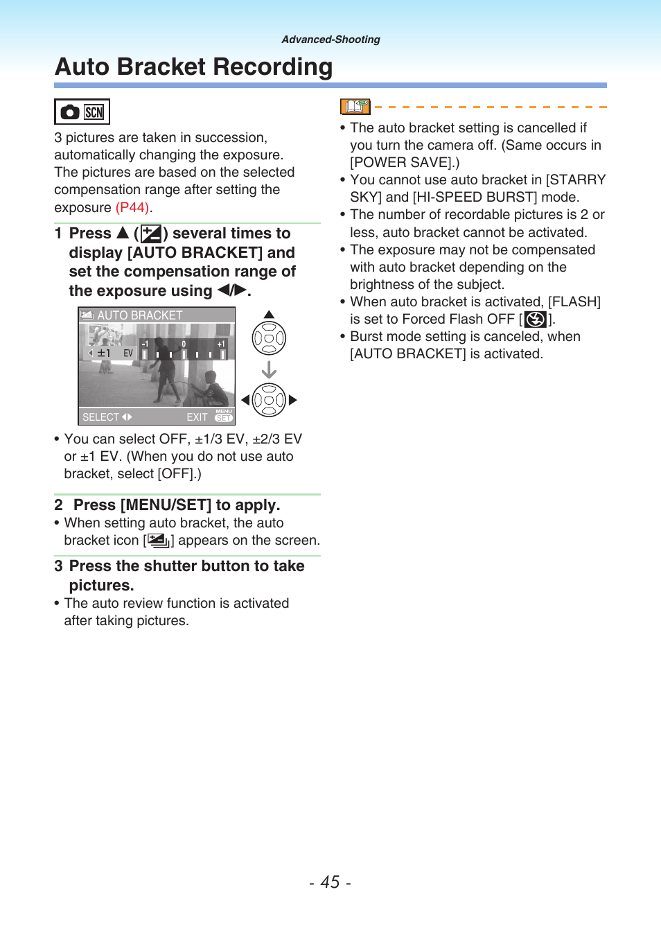 Auto bracket recording, P45) | Panasonic DMC-LS80 User Manual | Page 45 / 113