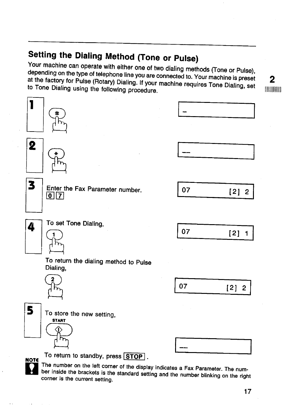 Setting the dialing method (tone or pulse) | Panasonic Panafax UF-130 User Manual | Page 17 / 72