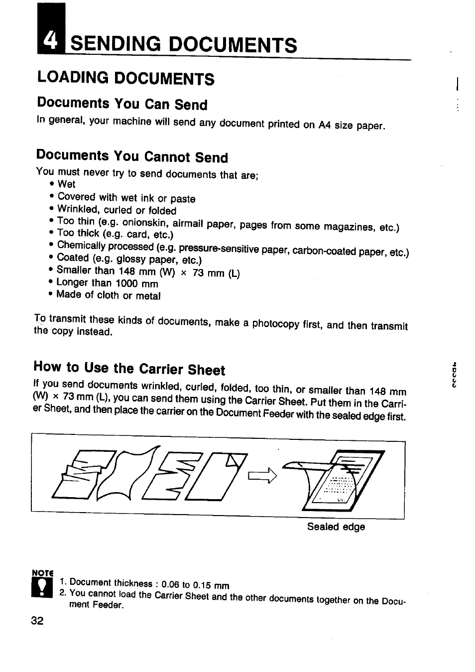 Sending documents, Loading documents documents you can send, Documents you cannot send | How to use the carrier sheet, Documents you can send | Panasonic Panafax UF-130 User Manual | Page 32 / 72