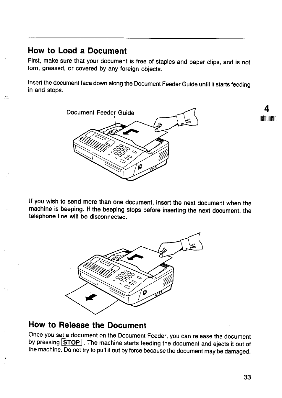 How to load a document, How to release the document | Panasonic Panafax UF-130 User Manual | Page 33 / 72