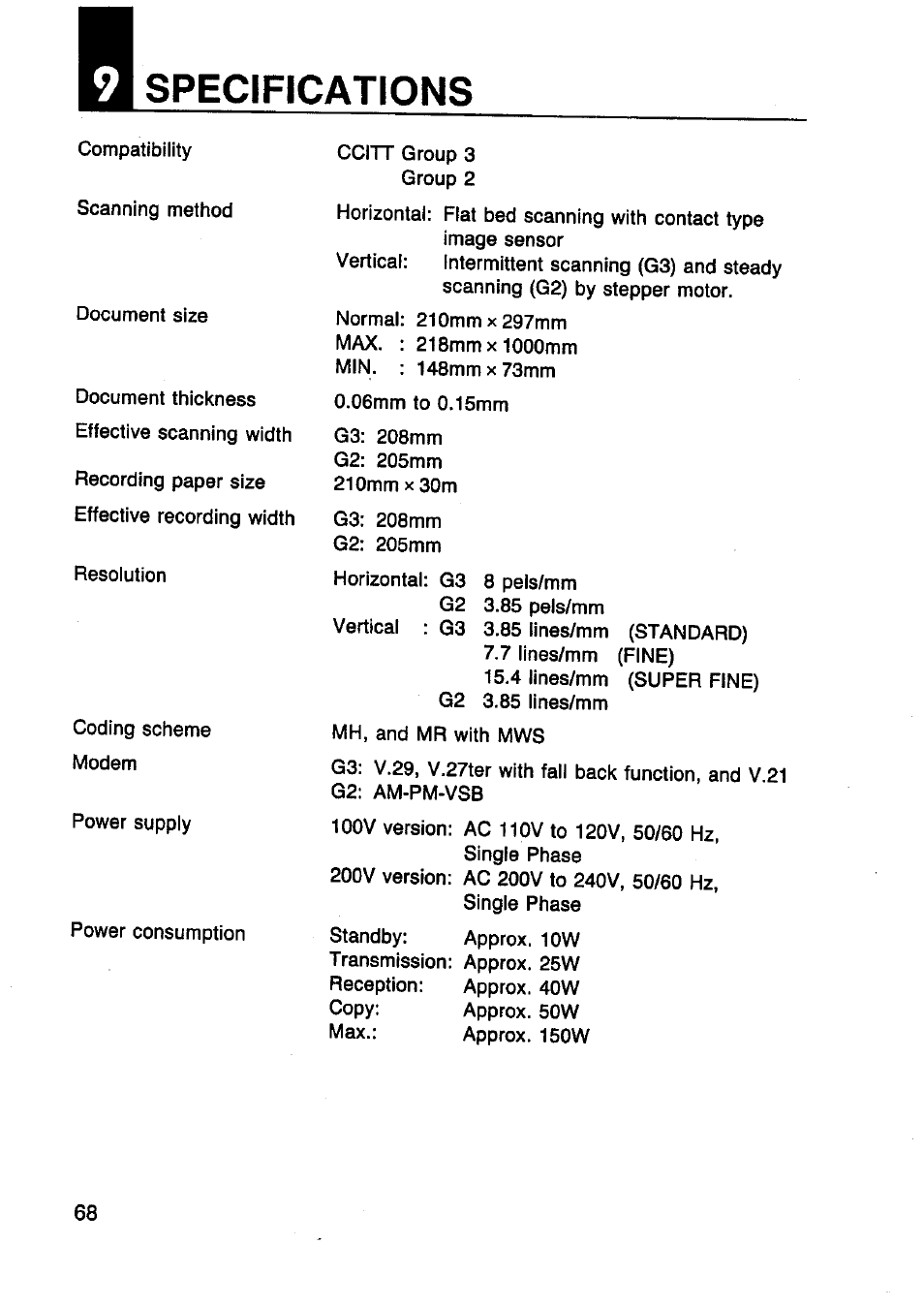 Specifications | Panasonic Panafax UF-130 User Manual | Page 68 / 72