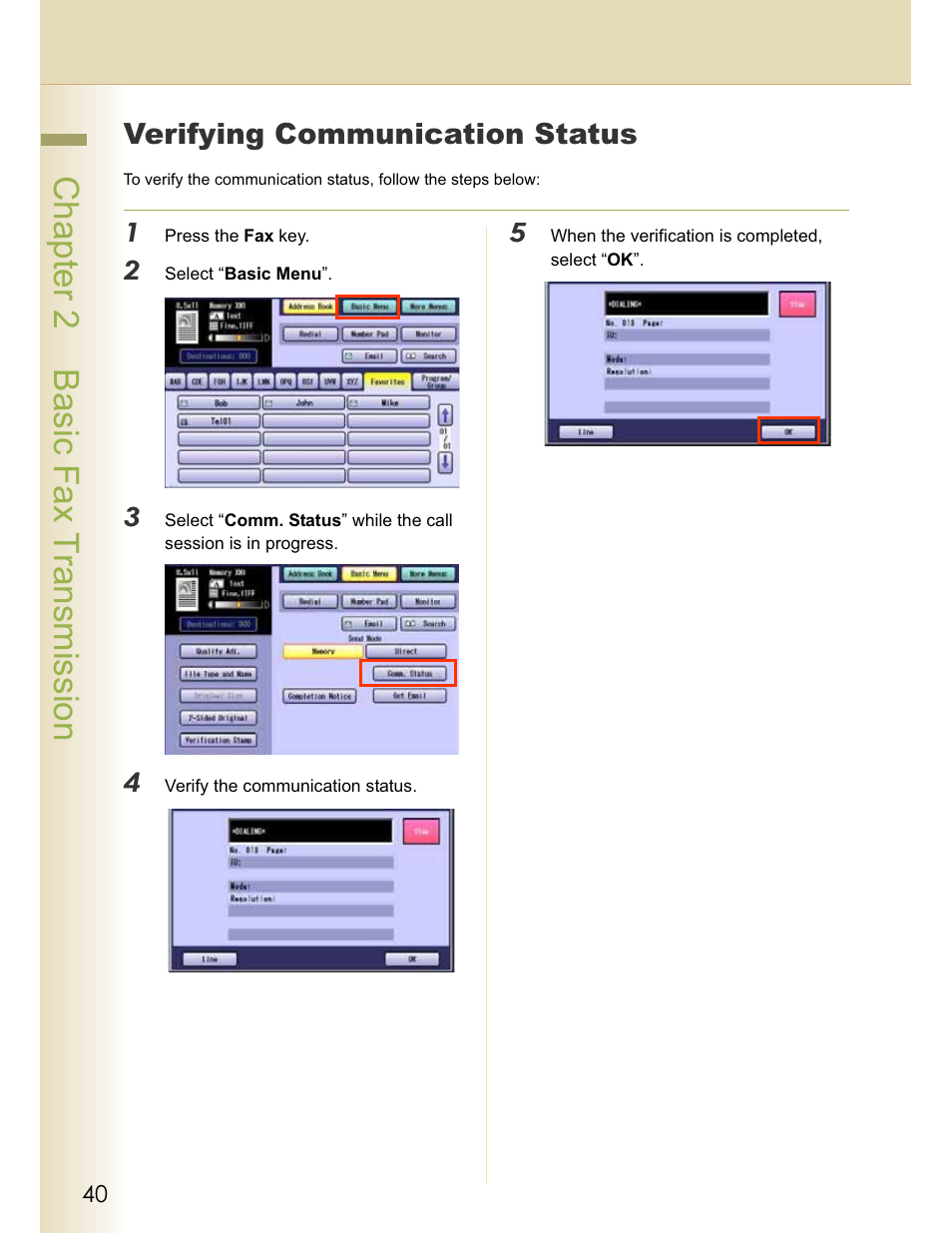Chapter 2 basic fax transmission, Verifying communication status | Panasonic WORKIO DP-C262 User Manual | Page 40 / 148