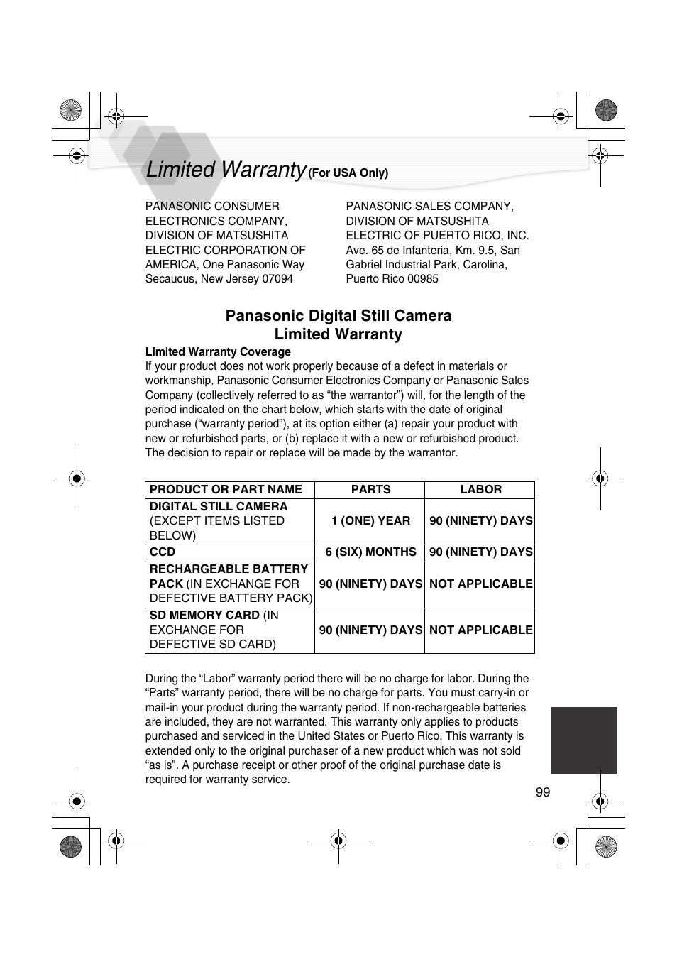 Limited warranty (for usa only), Limited warranty, Panasonic digital still camera limited warranty | Panasonic DMC-LC40PP User Manual | Page 101 / 106