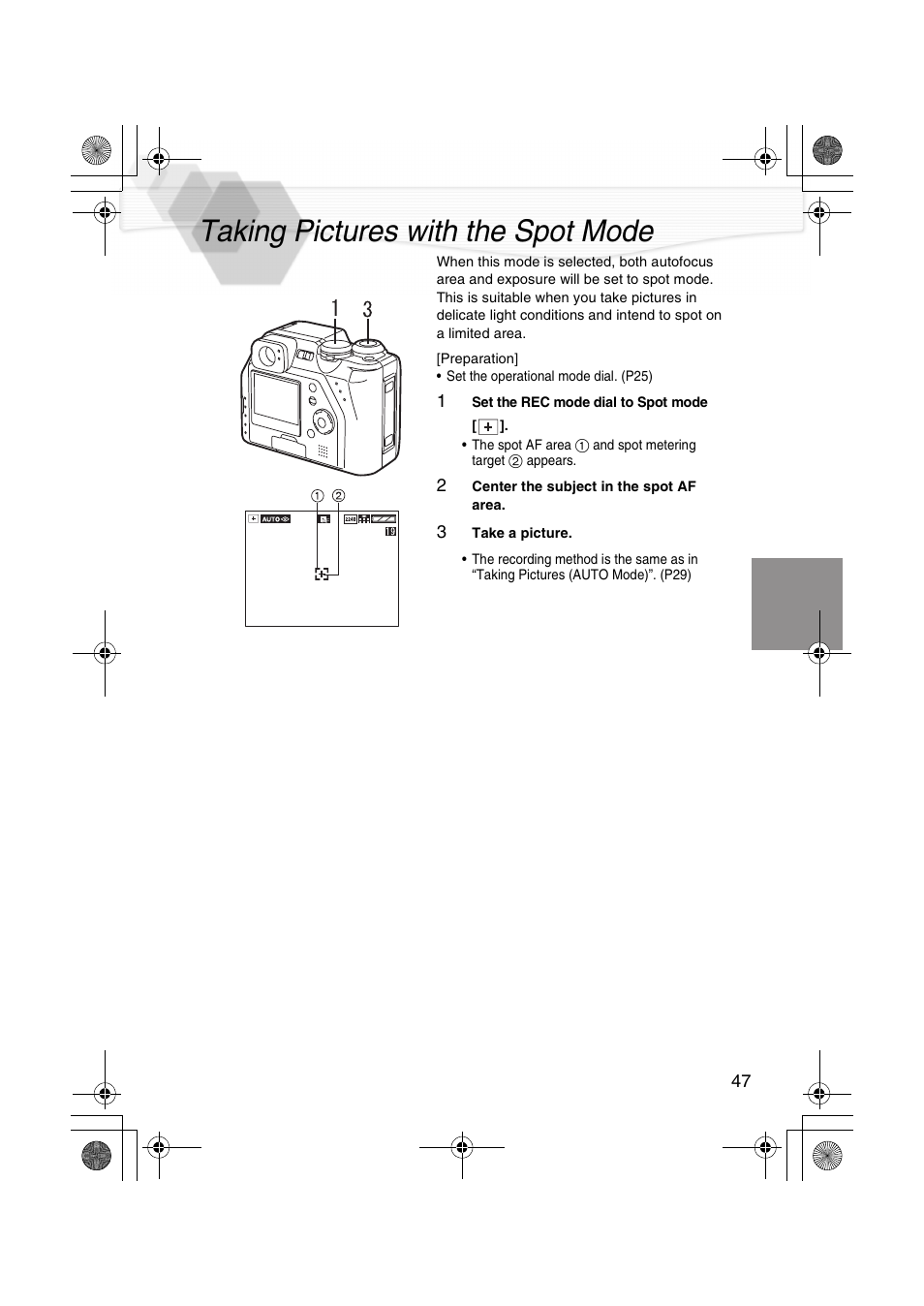 Taking pictures with the spot mode, Taking pictures with the spot, P47) | Area (p47 | Panasonic DMC-LC40PP User Manual | Page 49 / 106