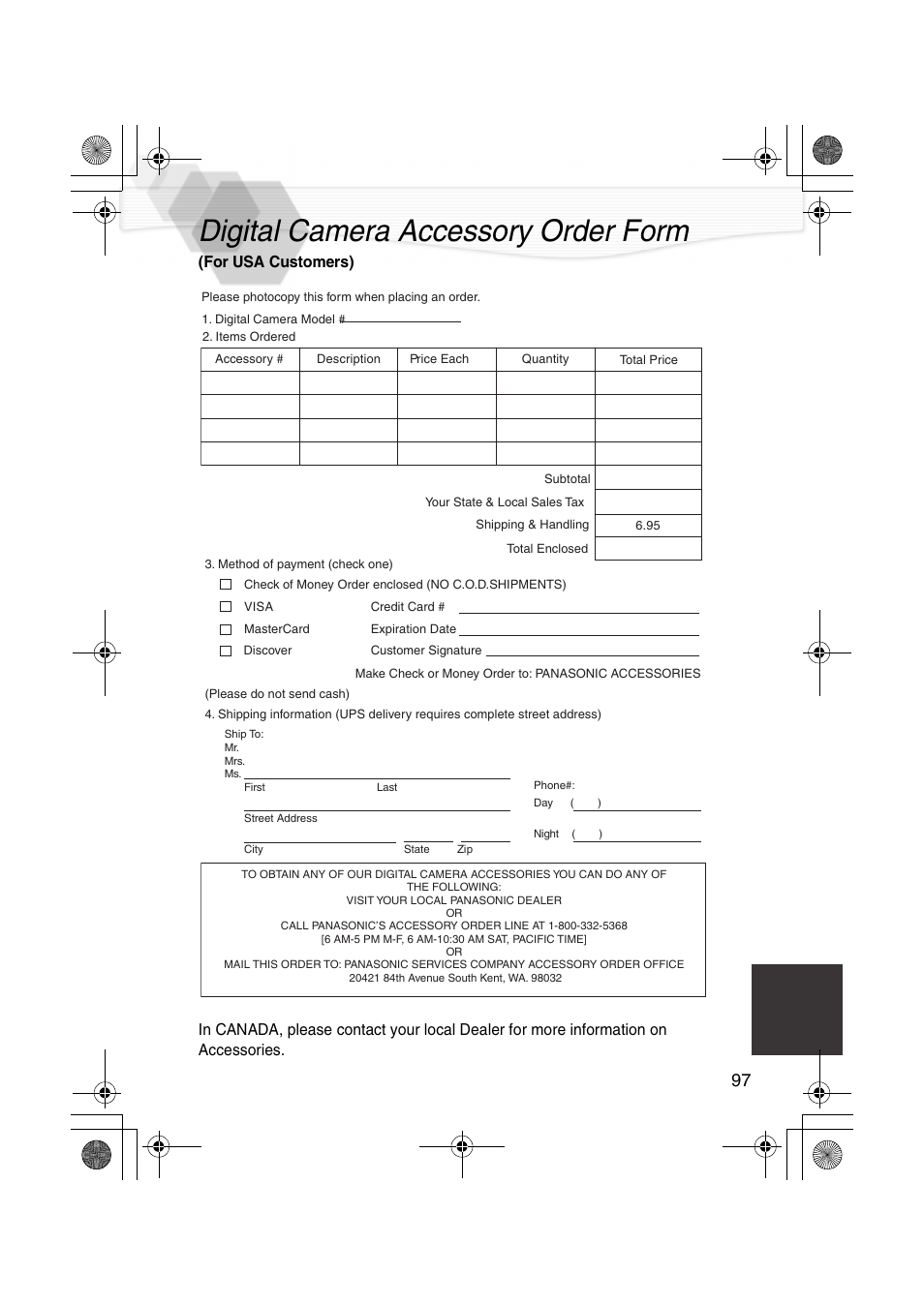 Digital camera accessory order form, Digital camera accessory order | Panasonic DMC-LC40PP User Manual | Page 99 / 106