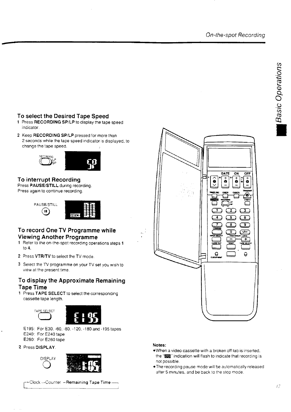 To select the desired tape speed, To interrupt recording, To record one tv programme while | Viewing another programme, To display the approximate remaining, Tape time, On-the-spot recording | Panasonic NV-HD70EA User Manual | Page 19 / 33