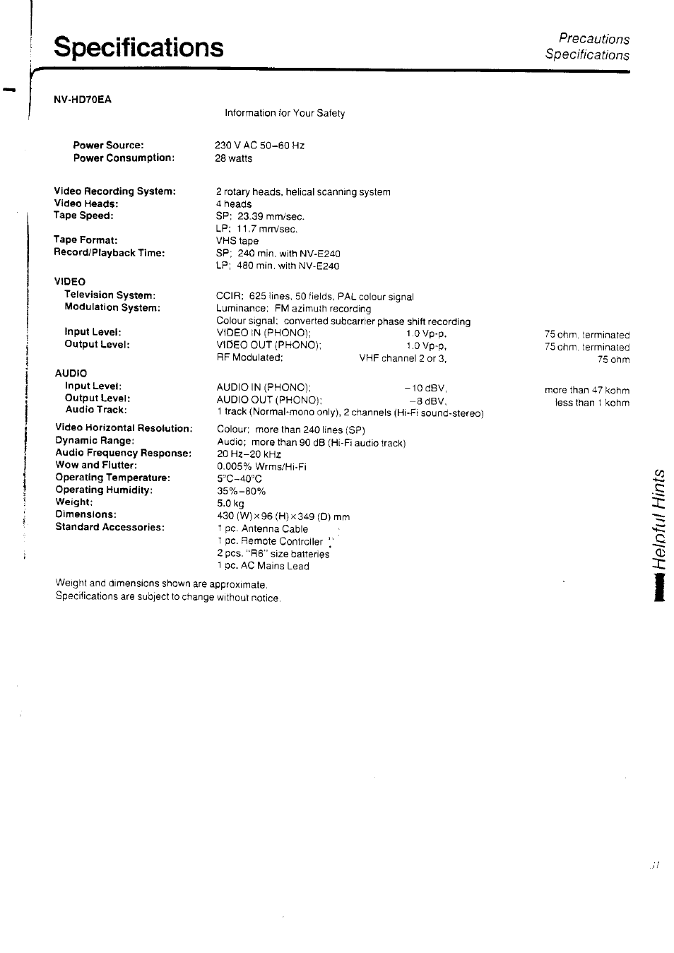 Specifications | Panasonic NV-HD70EA User Manual | Page 33 / 33