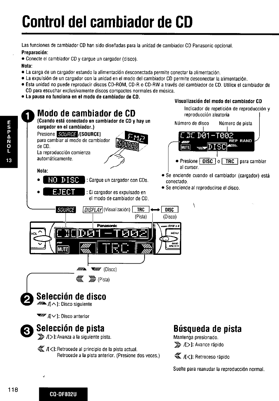 Control del cambiador de cd, Modo de cambiador de cd, Ho msc | Eject, Selección de disco, Selección de pista, Búsqueda de pista | Panasonic CQ-DF802U User Manual | Page 118 / 150