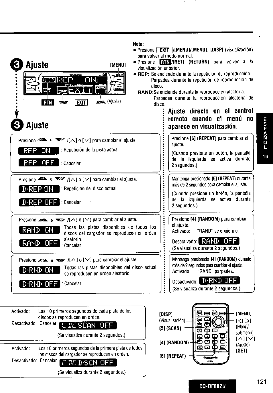 Ajuste, Rep off, D-rep on | D-rep off, Rfint off, I:-rnp off, Rahp off, Jícscan off, Îc t-sch off, D-rep on d-rep off | Panasonic CQ-DF802U User Manual | Page 121 / 150