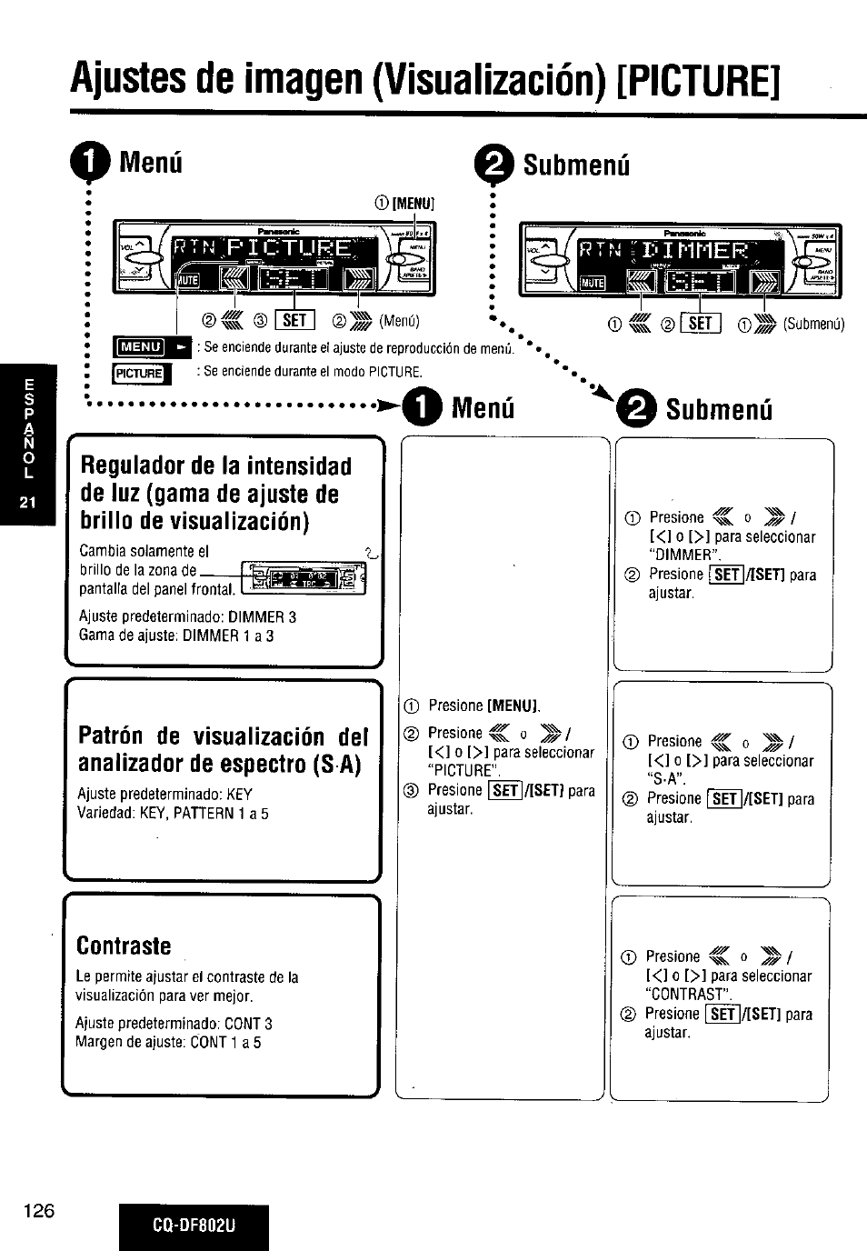 Submenú, Menú submenú, Contraste | Ajustes de imagen (visualización) [picture | Panasonic CQ-DF802U User Manual | Page 126 / 150