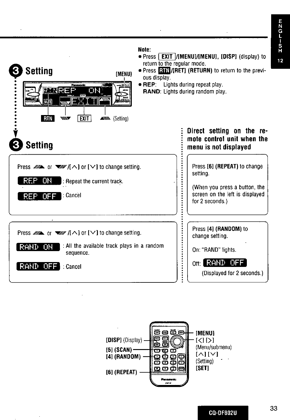 Rep oh, Rep off, Rahi:* off | Setting, Rep oh rep off, Raht‘ on, Ranr> off | Panasonic CQ-DF802U User Manual | Page 33 / 150