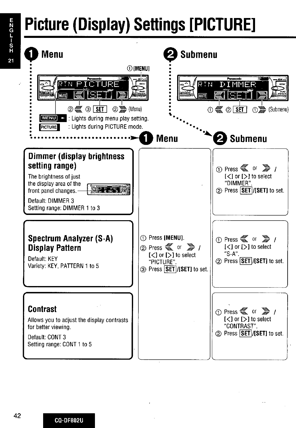 Picture (display) settings [picture, Submenu, Dimmer (display brightness setting range) | Spectrum analyzer (s a) display pattern, Contrast, Q submenu, П picture (display) settings [picture | Panasonic CQ-DF802U User Manual | Page 42 / 150