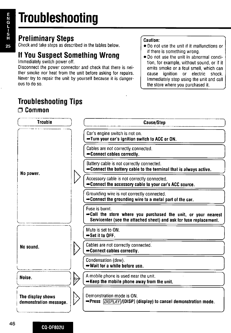 Troubleshooting, If you suspect something wrong, Troubleshooting tips | Common, Trouble, Cause/step, Preliminary steps | Panasonic CQ-DF802U User Manual | Page 46 / 150