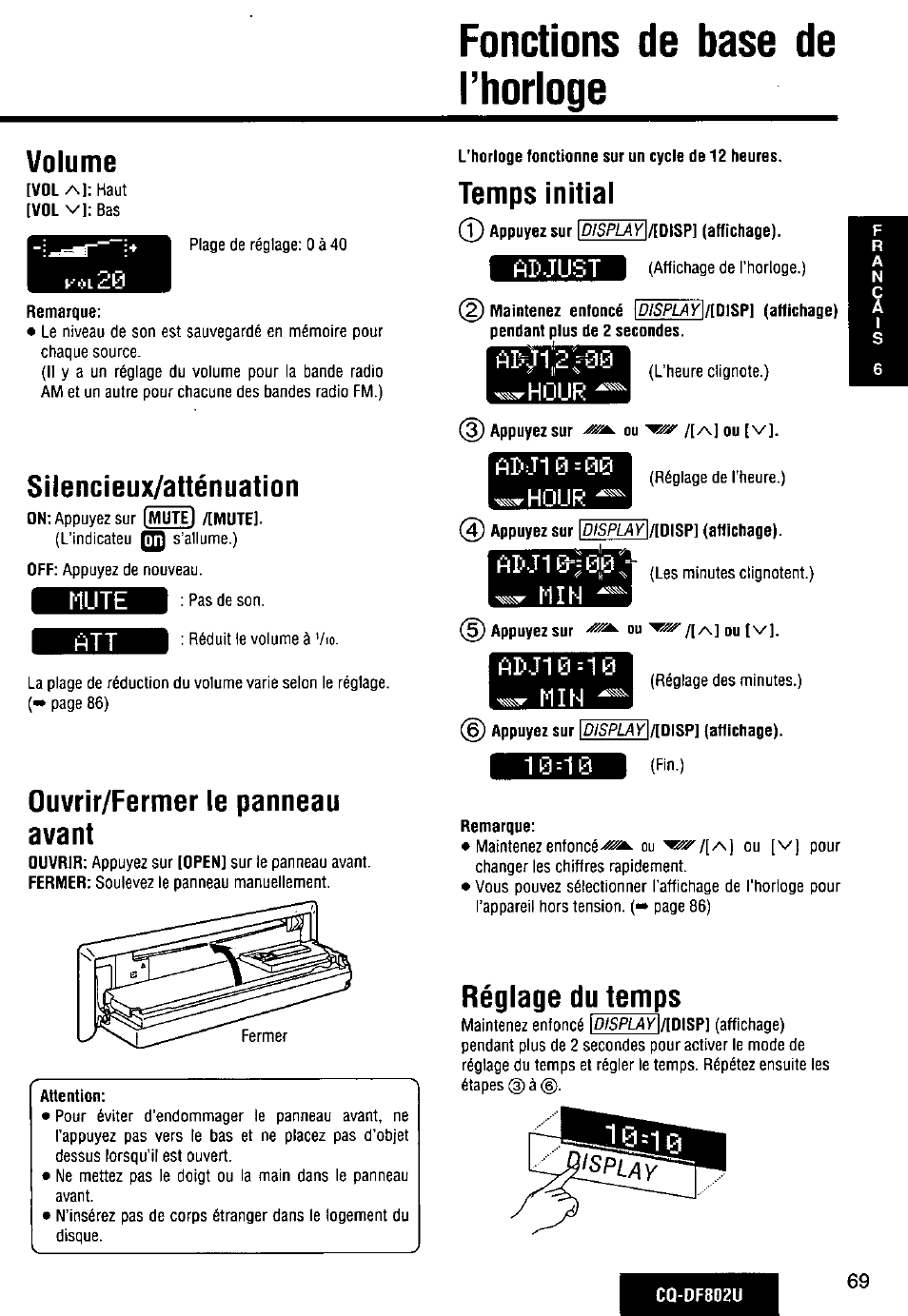 Volume, Silencieux/atténuation, Mute | Ouvrir/fermer le panneau avant, Temps initial, Adjust, Am10=00, Vwholir, Fttj10=10 w min, Réglage du temps | Panasonic CQ-DF802U User Manual | Page 69 / 150