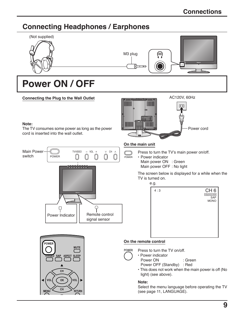 Connecting headphones / earphones, Power on / off, Connections | Panasonic C-20LA5 User Manual | Page 9 / 32
