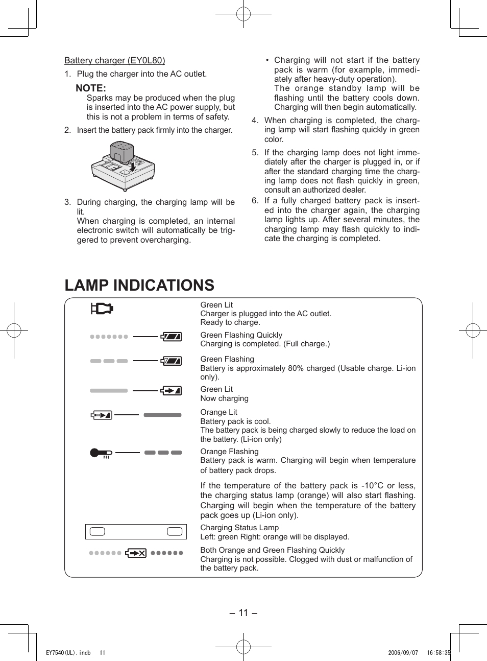 Lamp indications | Panasonic EY7540 User Manual | Page 11 / 48