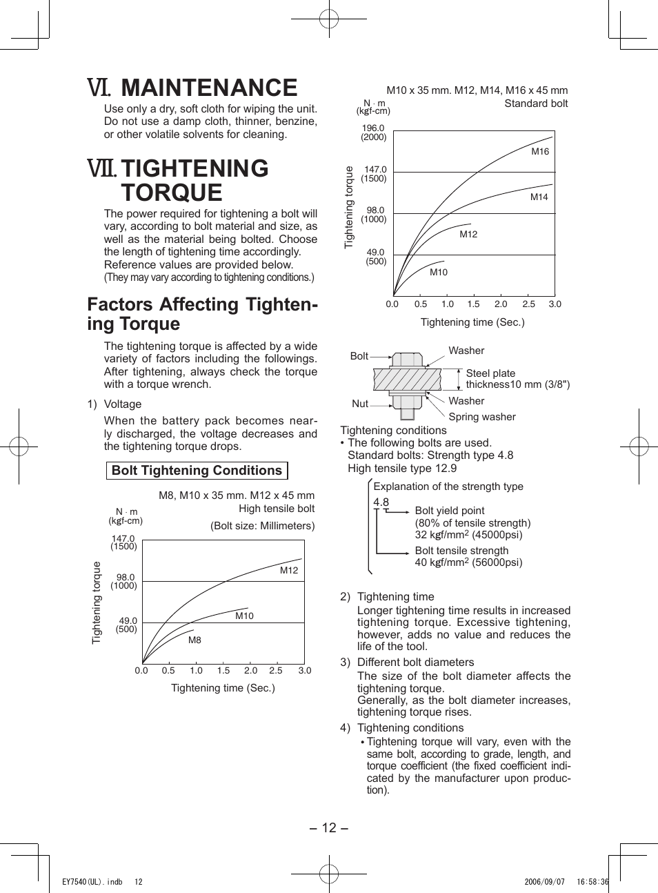 Maintenance, Tightening torque, Factors affecting tighten­ ing torque | Panasonic EY7540 User Manual | Page 12 / 48