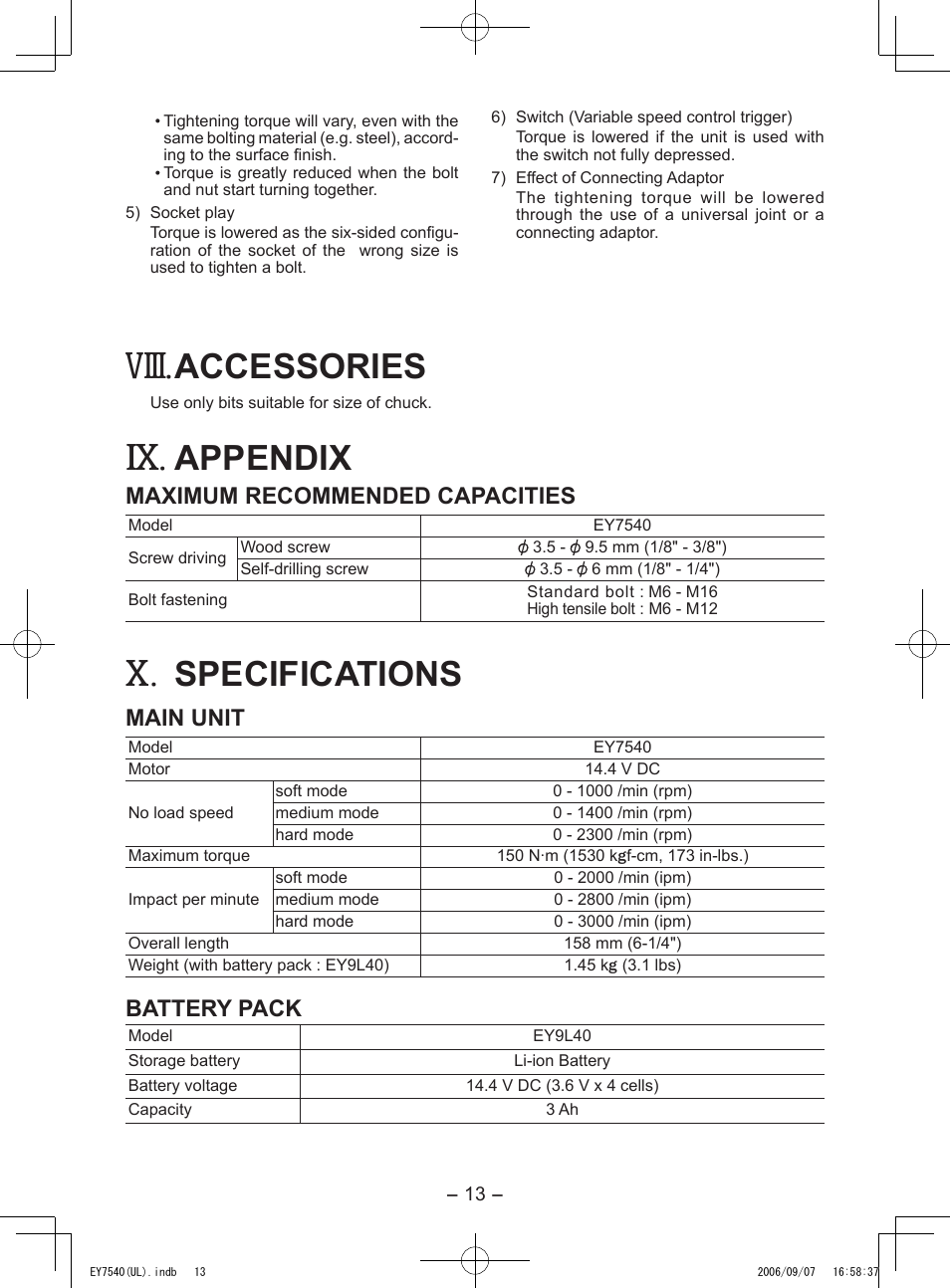 Viii, Accessories, Appendix | Specifications, Maximum recommended capacities, Main unit, Battery pack | Panasonic EY7540 User Manual | Page 13 / 48