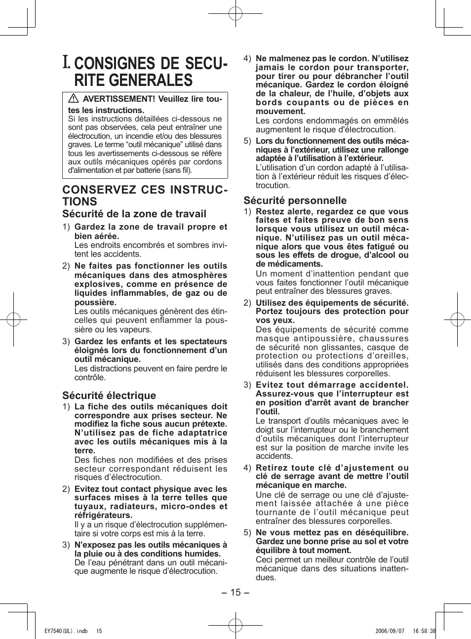 Consignes de secu­ rite generales, Conservez ces instruc­ tions | Panasonic EY7540 User Manual | Page 15 / 48