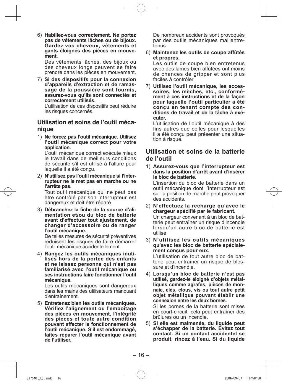 Utilisation et soins de l’outil méca­ nique, Utilisation et soins de la batterie de l’outil | Panasonic EY7540 User Manual | Page 16 / 48