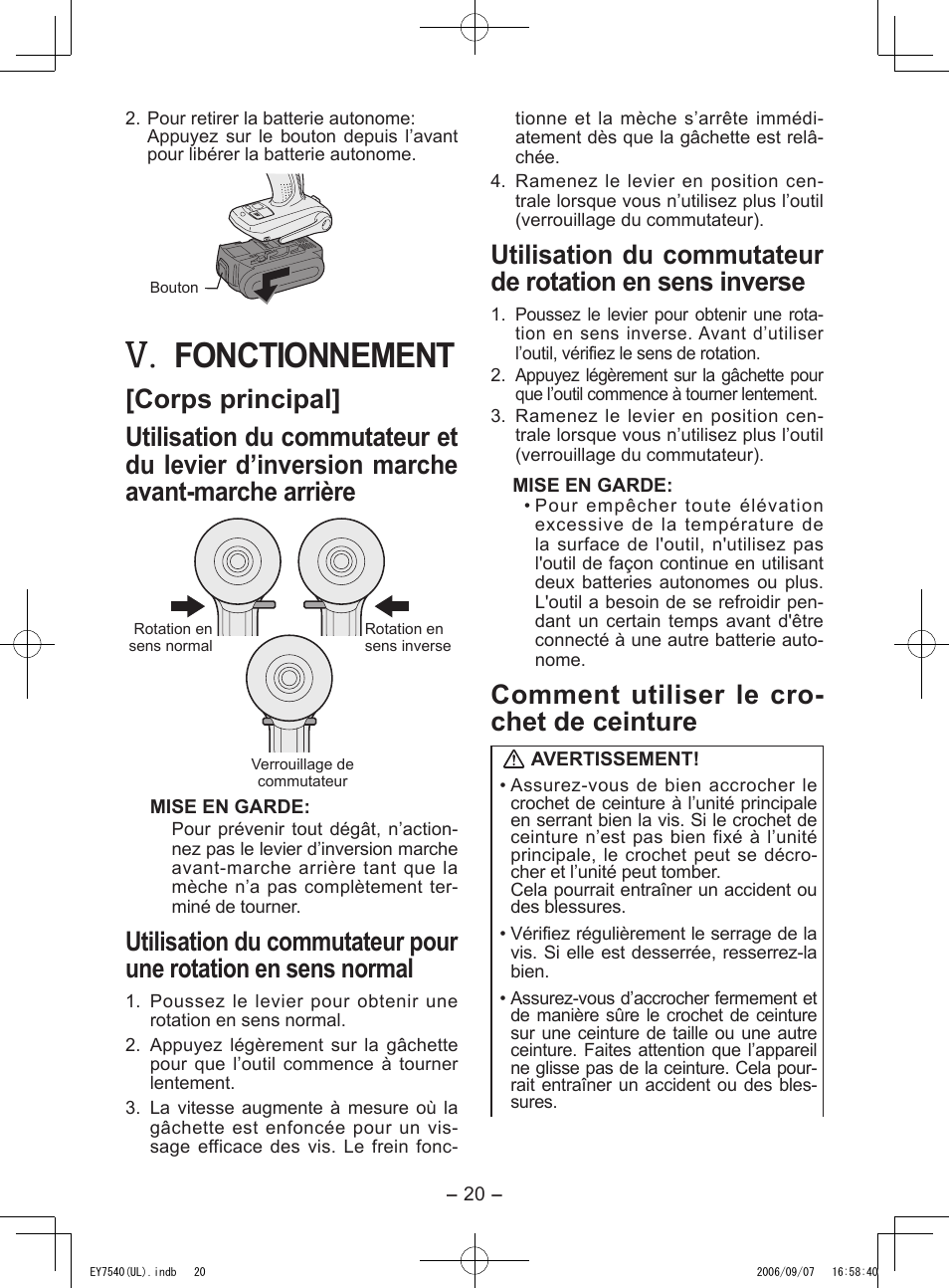 Fonctionnement, Comment utiliser le cro­ chet de ceinture | Panasonic EY7540 User Manual | Page 20 / 48