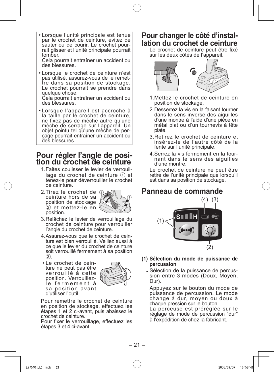 Panneau de commande | Panasonic EY7540 User Manual | Page 21 / 48