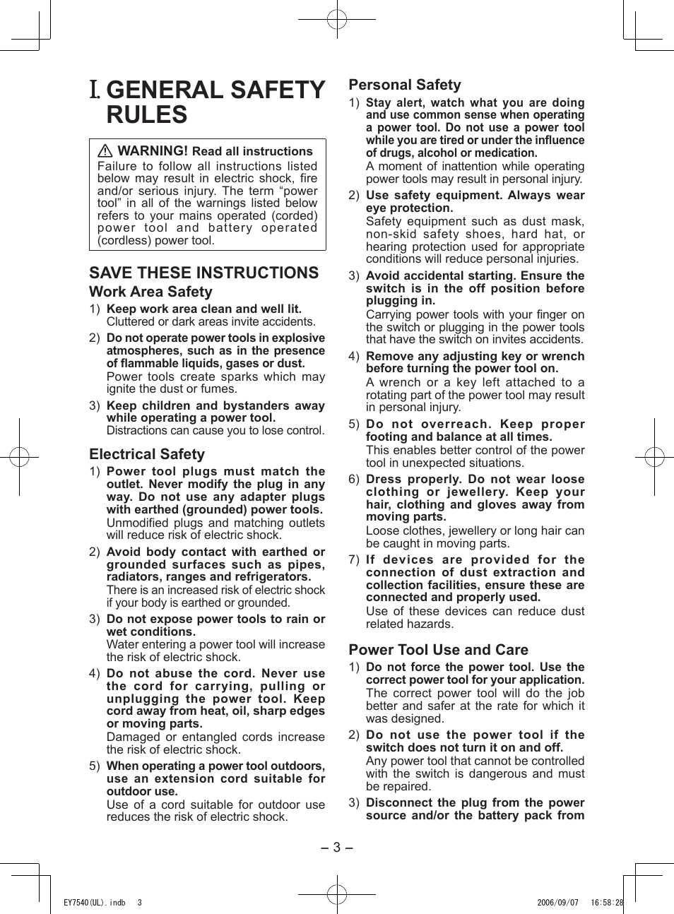 General safety rules, Save these instructions | Panasonic EY7540 User Manual | Page 3 / 48