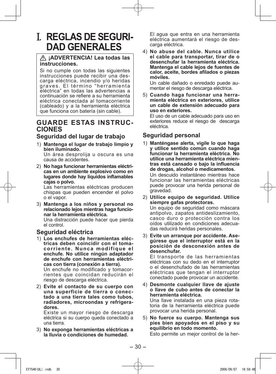 Reglas de seguri­ dad generales, Guarde estas instruc­ ciones | Panasonic EY7540 User Manual | Page 30 / 48