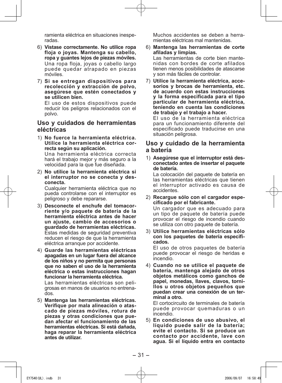 Uso y cuidados de herramientas eléctricas, Uso y cuidado de la herramienta a batería | Panasonic EY7540 User Manual | Page 31 / 48