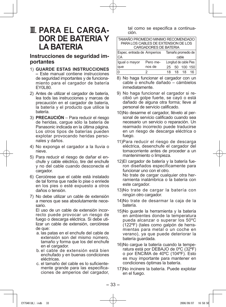 Para el carga­ dor de bateria y la bateria, Instrucciones de seguridad im­ portantes | Panasonic EY7540 User Manual | Page 33 / 48