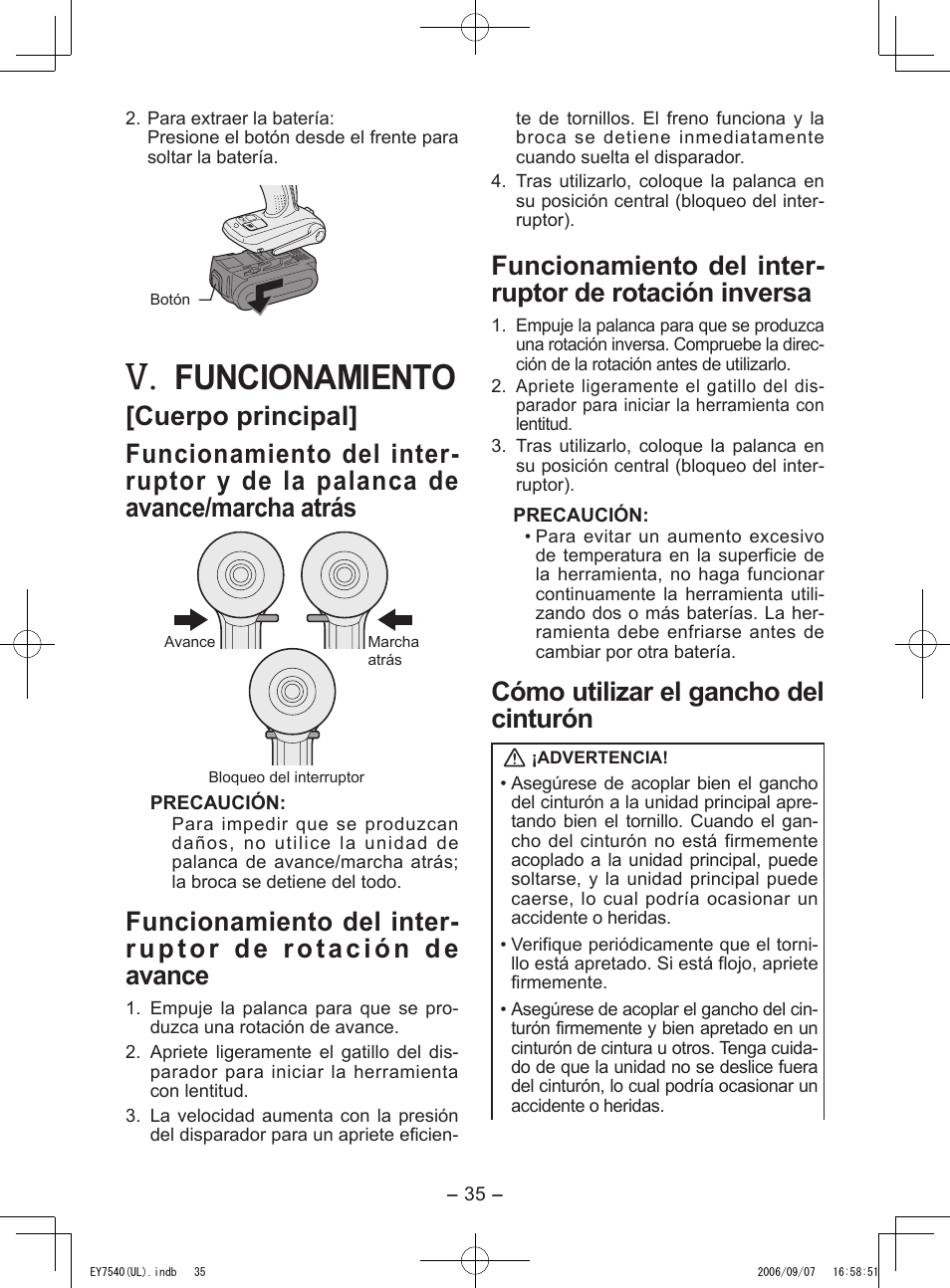 Funcionamiento, Cómo utilizar el gancho del cinturón | Panasonic EY7540 User Manual | Page 35 / 48