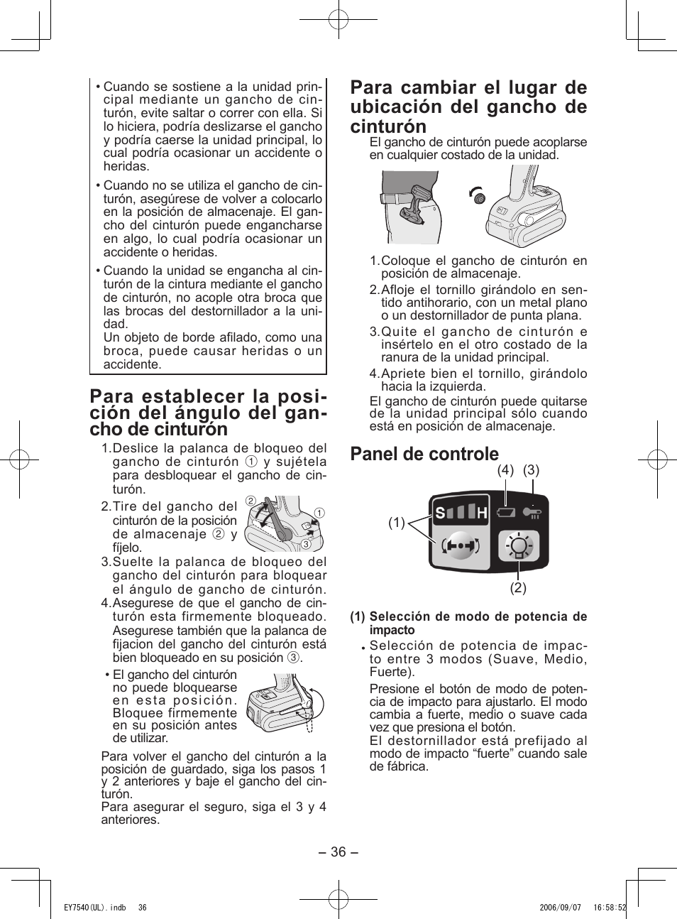 Panel de controle | Panasonic EY7540 User Manual | Page 36 / 48