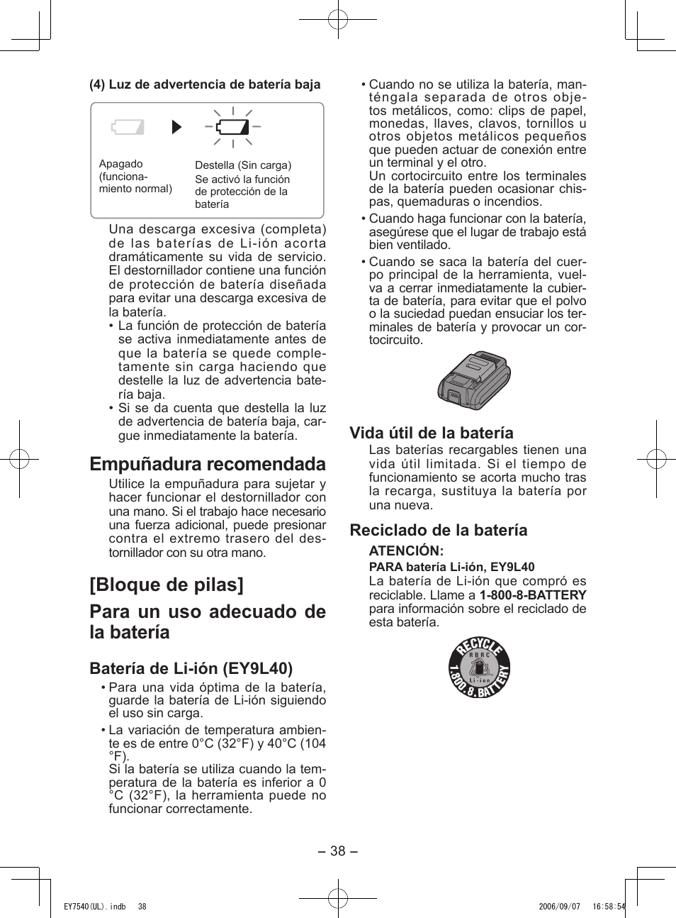 Empuñadura recomendada, Batería de li­ión (ey9l40), Vida útil de la batería | Reciclado de la batería | Panasonic EY7540 User Manual | Page 38 / 48