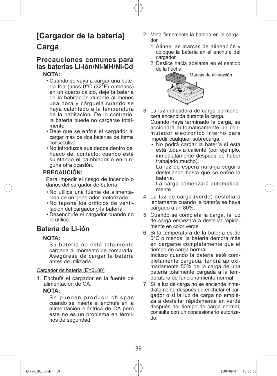 Cargador de la batería] carga, Batería de li­ión | Panasonic EY7540 User Manual | Page 39 / 48