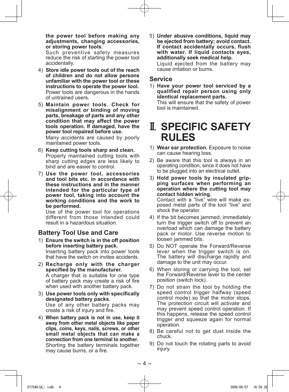 Specific safety rules | Panasonic EY7540 User Manual | Page 4 / 48