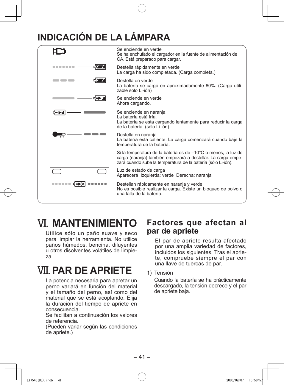 Mantenimiento, Par de apriete, Indicación de la lámpara | Factores que afectan al par de apriete | Panasonic EY7540 User Manual | Page 41 / 48