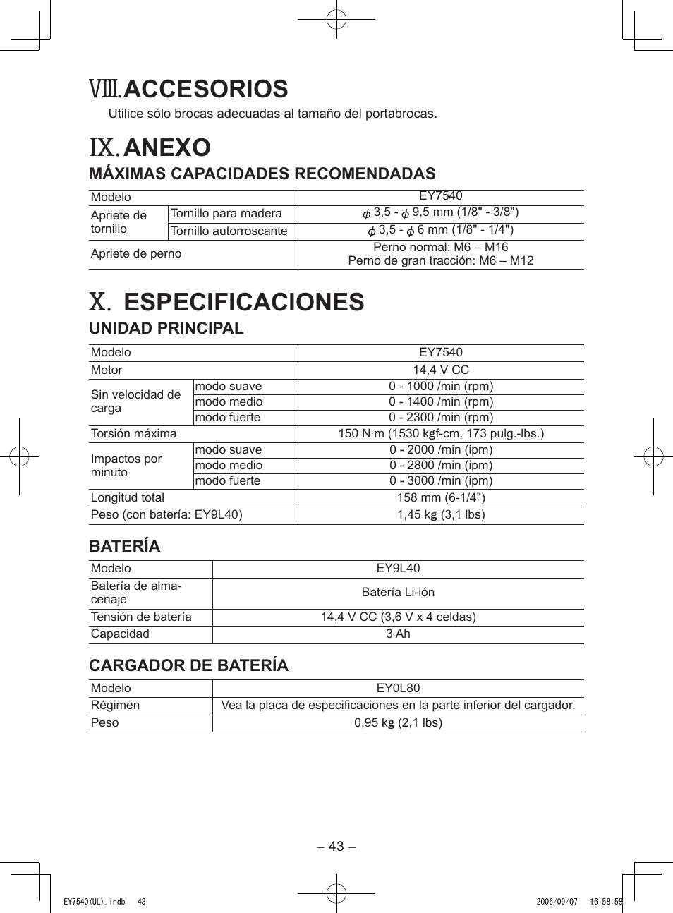 Viii, Accesorios, Anexo | Especificaciones | Panasonic EY7540 User Manual | Page 43 / 48