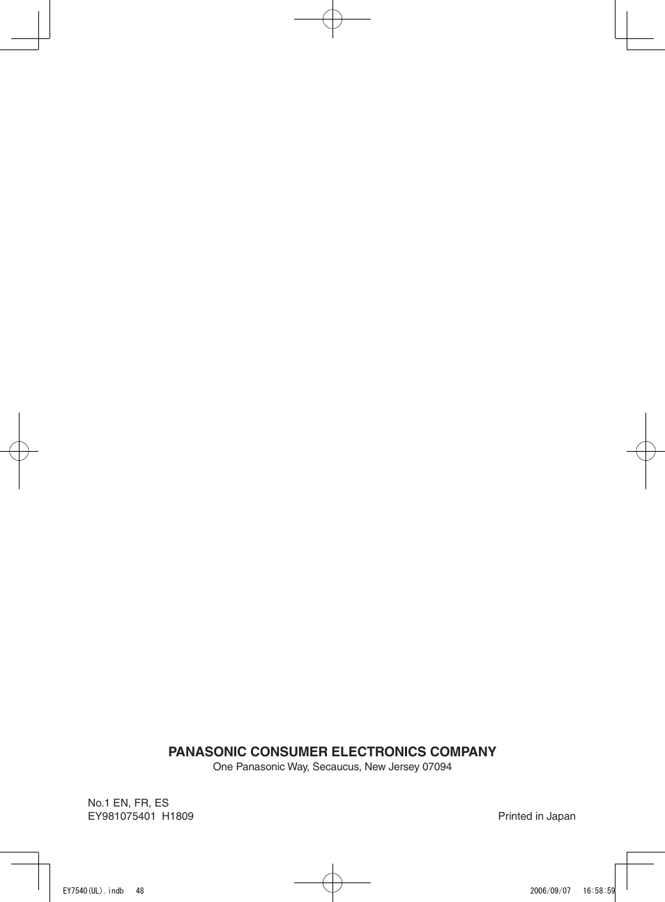 Panasonic consumer electronics company | Panasonic EY7540 User Manual | Page 48 / 48