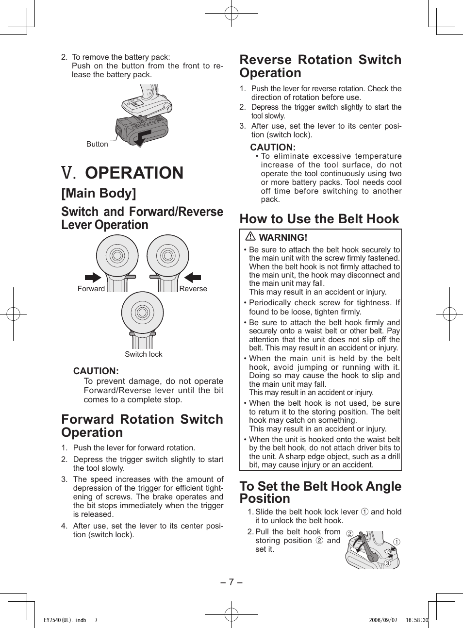 Operation, Forward rotation switch operation, Reverse rotation switch operation | How to use the belt hook | Panasonic EY7540 User Manual | Page 7 / 48