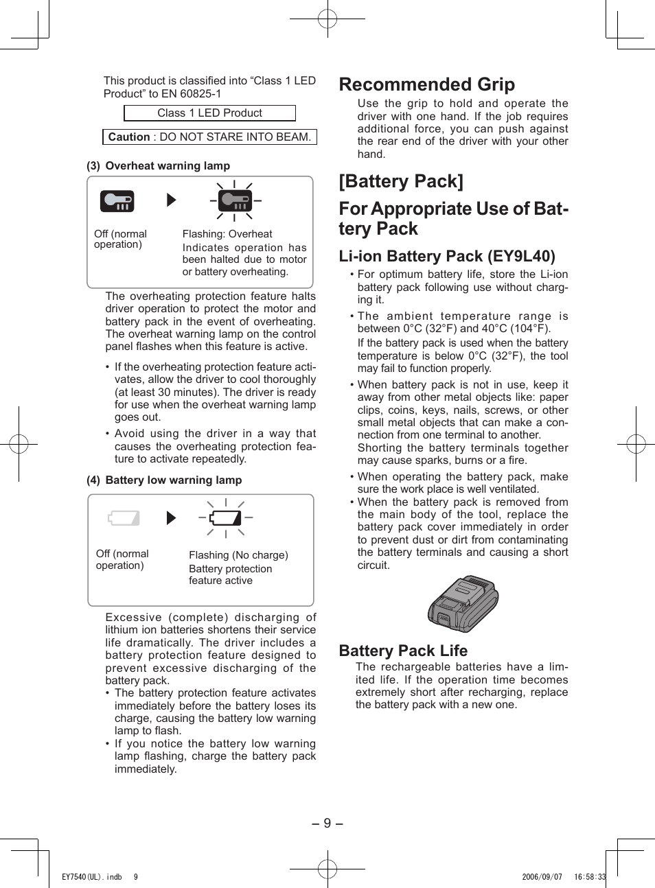 Recommended grip, Li­ion battery pack (ey9l40), Battery pack life | Panasonic EY7540 User Manual | Page 9 / 48