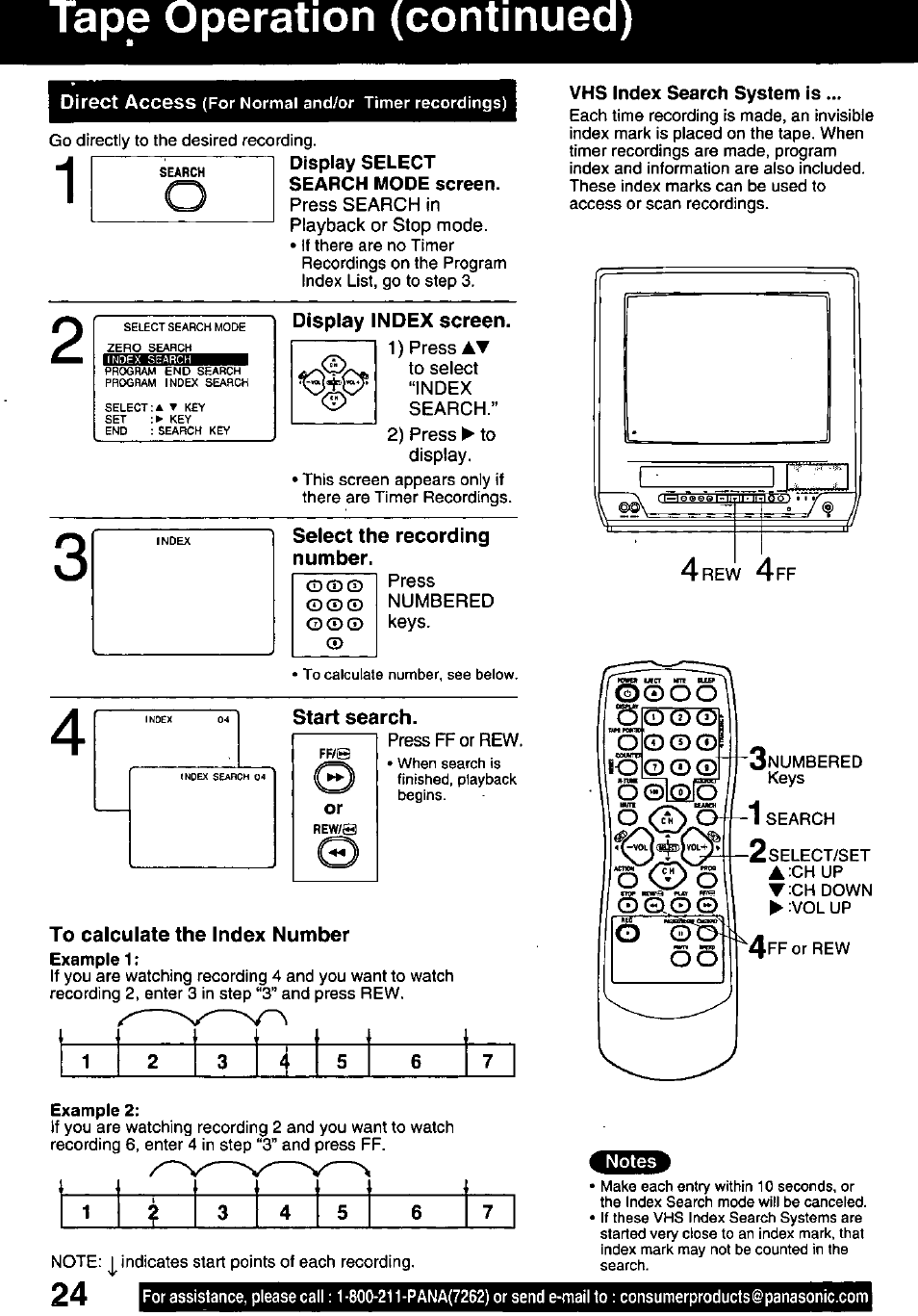 Tape operation (continued), Display index screen, Select the recording number | Start search | Panasonic PV-C1321A User Manual | Page 24 / 48