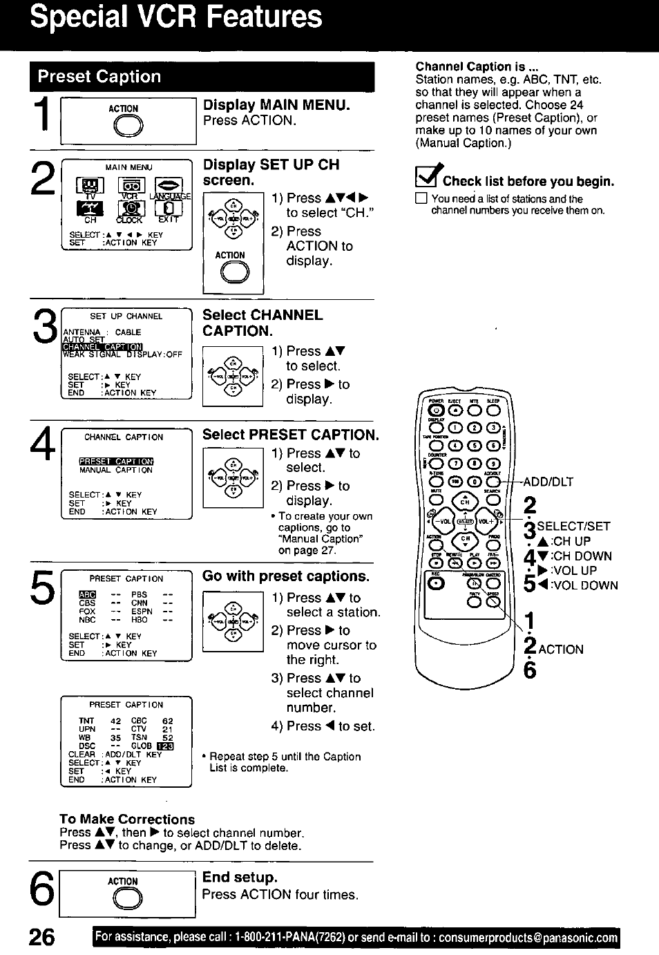 Display set up ch screen, Select channel caption, Select preset caption | Check list before you begin, To make corrections, End setup, Special vcr features, Preset caption, Display main menu, Go with preset captions | Panasonic PV-C1321A User Manual | Page 26 / 48