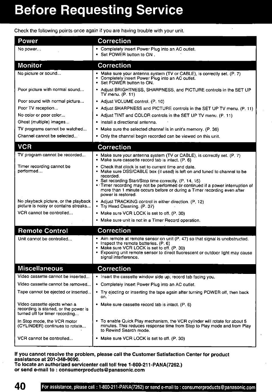 Before requesting service, Power correction, Monitor correction | Vcr correction, Remote control correction, Miscellaneous correction | Panasonic PV-C1321A User Manual | Page 40 / 48