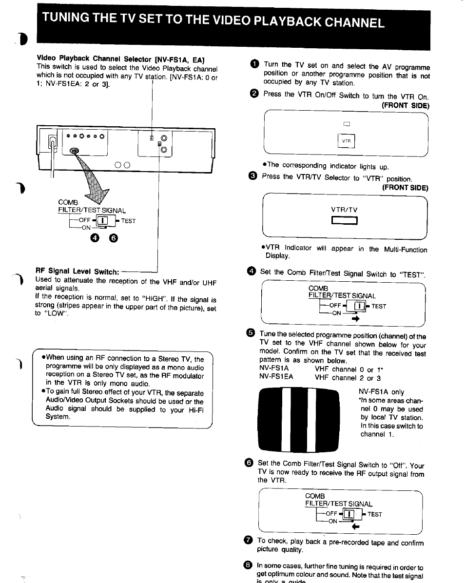 Tuning the tv set to the video playback channel, Front side) | Panasonic NV-FS1 User Manual | Page 11 / 40